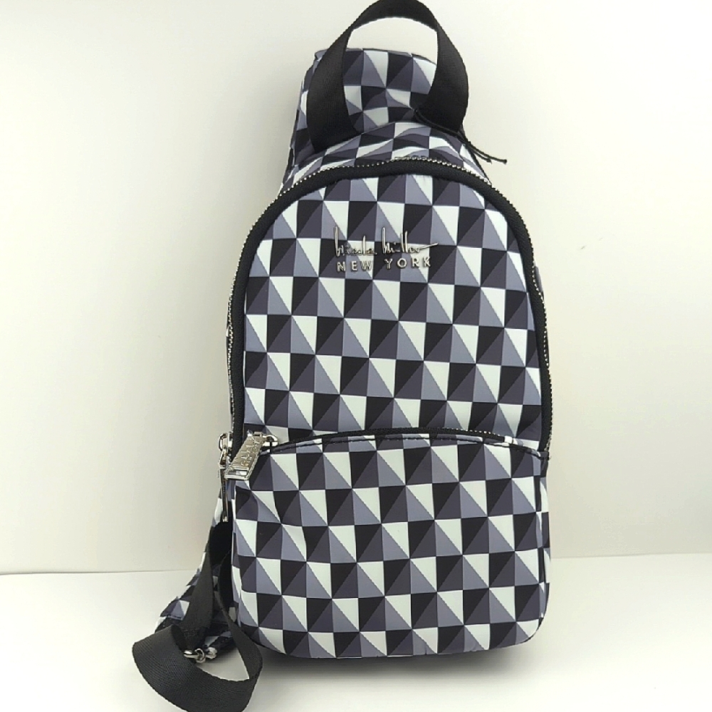 Nicole Miller Geometric Diamonds Black, Gray, & White Sling Bag New With Tags